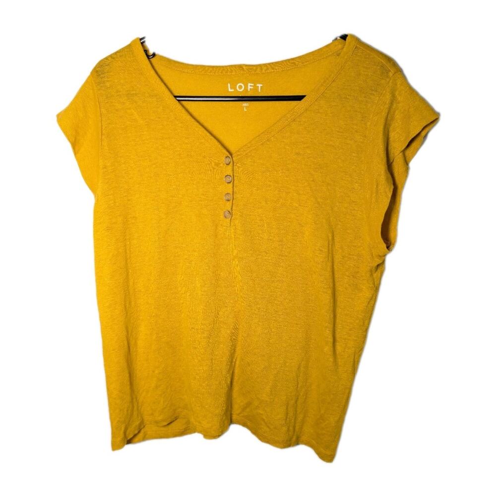 LOFT Shirt Blouse 100% Linen Top Casual Yellow Henley Women's Size Large Preppy